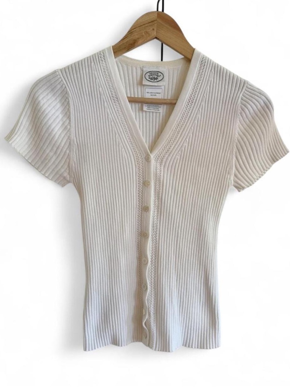 Laura Ashley 100% Cotton Ribbed Short Sleeve Cardigan Top Ivory Minimalist 90s M - Picture 2 of 7